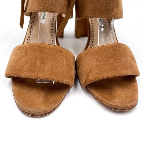 Manolo‎ Blahnik Khandala Suede Sandals Brown Ankle-Wrap Block Heel Sz 36.5 / 6.5 - Picture 3 of 9